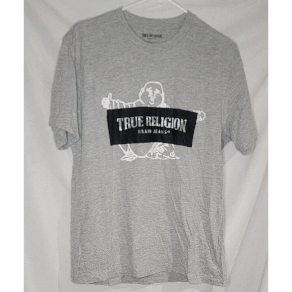 True Religion Mens Medium T-Shirt Gray Buddha Logo Graphic Lounge Tee Casual